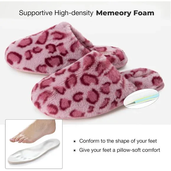 ⚡Women's Cheetah Pink Fuzzy Scuff Slippers Soft Comfy Memory Foam Non Slip